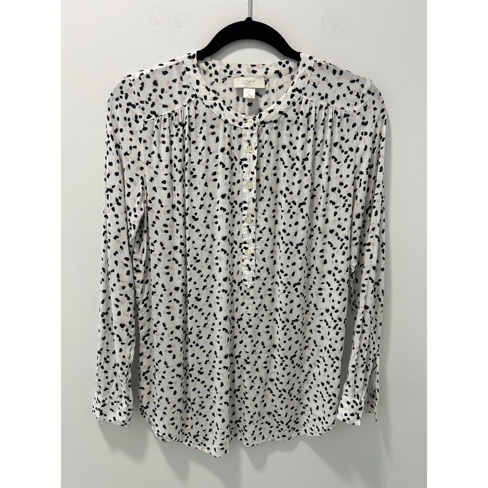 LOFT Outlet Women White Pink Black Abstract Polka Dot Rayon Blouse XS Long Slv